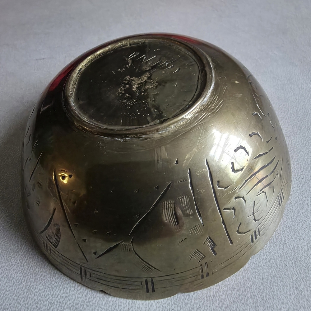 Antique brass bowl/ hand-etched/embossed design/signed